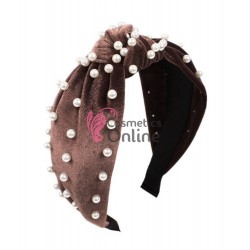 Bentita deosebita pentru par din catifea cu Perle Albe BTP028B - Coffee